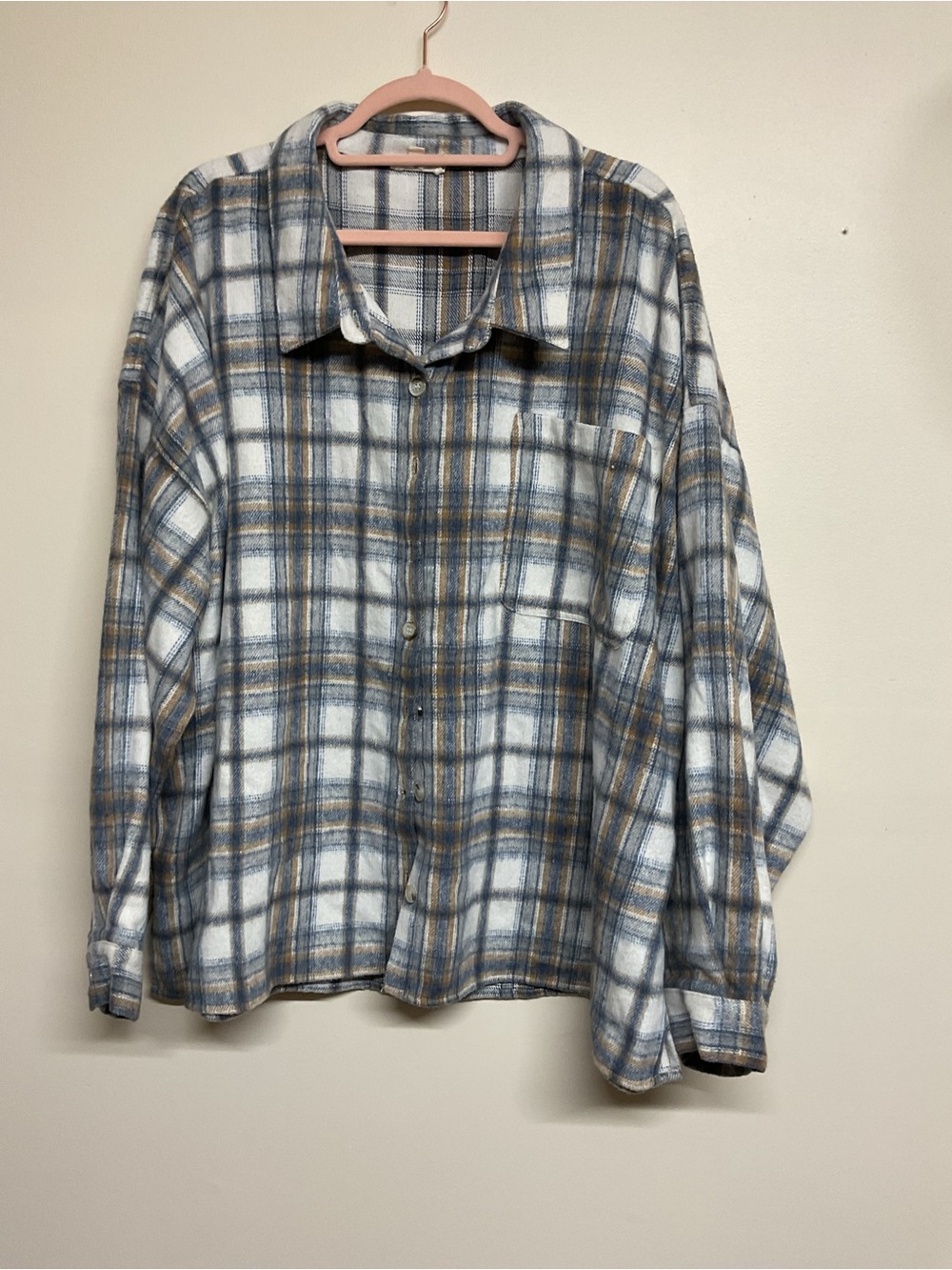 Women's Plaid Button-Down Shirt Jacket in White, Blue & Brown